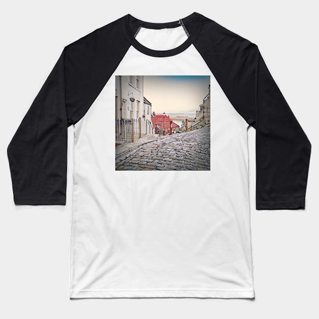 Whitby town cobbled streets and seaview Baseball T-Shirt by stuartchard